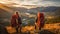 Hikers with backpacks relaxing on top of a mountain and enjoying the view of valley at sunset. Generative Ai