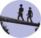 Hikers Crossing Single Log Bridge Oval Woodcut