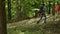 Hikers enjoy walking in forest among trees