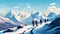 Hikers hiking in the mountains with snow covered peaks illustration AI Generated