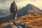 Hikers journey man with backpack traverses the mountains, capturing the essence