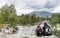 Hikers relaxing by lake