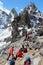 Hikers on Renjo La Pass in Himalayas