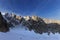 Hikers on snowy mountains in morning