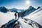 Hikers standing atop a rugged peak, surrounded by towering snow-covered mountains and a clear blue sky