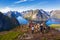 Hikers on top of Mt. Reinebringen, Lofoten islands, Norway