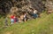 Hikers on the trail to the top of the mountain. Rabbi Valley, Trentino Alto Adige, Italy