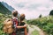 Hikers walking to mountains