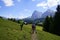 Hikers walking towards the Langkofel