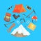 Hiking Accessories and Garments in Circular Shape, Mountain Climbing and Adventure Concept Cartoon Vector Illustration