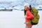 Hiking adventure trekking woman by glacier Iceland