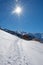 Hiking area zwolferkopf tirol, alpine huts and blue sky winter landscape austria