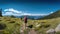 Hiking on a beautiful sunny summer day. Scenic panoramic landscape. Generative AI