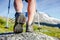 Hiking boot on mountain rocks