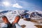 Hiking boots against fjords in Norway