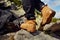 Hiking boots close-up. girl tourist steps on the mountain trail on the rocks.