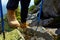 Hiking boots on the rock in the mountains.