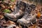 hiking boots stuck in thick mud surrounded by leaves