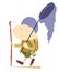 Hiking boy, rucksack, walking stick and butterfly net illustration