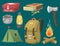 Hiking camping equipment base camp gear and accessories outdoor cartoon travel vector illustration.