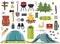 Hiking camping equipment campfire base camp gear and accessories illustration.