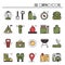 Hiking and Camping Line Icons Set. Outdoor Camp Sign and Symbol. Backpacking Adventure. Camping Stuff and Accessories.