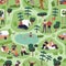 Hiking and camping, seamless pattern. Summer tourists in nature, adventure, endless background. Campers, hikers travel