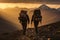 Hiking Companions Conquering Mountains as Friends Reaching New Heights at Sunset