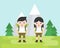Hiking concept, cute hiker character with equipment in flat design with landscape background of mountain and grass field