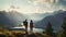 Hiking Couple Captivated by Alps Lake Beauty. Alpine Adventure With Love. Generative AI