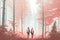 Hiking couple trekking in the misty forest trail in spring, digital illustration generative AI