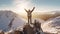 Hiking Man Celebrating on Snow Mountain Top in Winter, Ideal for Fresh Start Celebrations, Ai generative