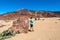 Hiking man with scenic view on moon landscape of Minas de San Jose Sur near volcano Pico del Teide, Tenerife