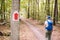 Hiking marked trail in the forest. Marking the tourist route painted on the tree. Touristic route sign. Travel route sign. Tourist