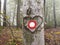 Hiking marker on the tree in the heart in the Slovenian forest