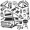 Hiking, mountain climbing set and camper car