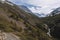 Hiking through mountain pass to camp Chileno, torres del Paine