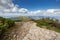 Hiking mountain trail through forested peaks, Beskid Mountains in Poland wide angle landscape