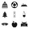 Hiking in the mountains icons set, simple style