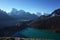 Hiking in Nepal Himalayas, View of Gokyo lake, Ngozumba glacier, Arakam Tse and Cholatse mountain. High altitude glacier lake