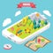 Hiking in a park isometric objects on mobile phone screen. Vector illustration in flat 3d style. Outdoor activity in