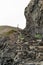 Hiking path way in the rocks, stones on steps and walls, stairs with a rope as fence, Madeira, Portugal