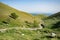 Hiking path winding between the green hills