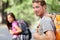 Hiking people - couple hikers happy in nature