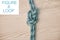 Hiking rope, knot or exercise security on table, desk or wood background with mockup space for design. Abstract fitness