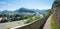 hiking route along Monchsberg mountain, with view to Salzach river and Salzburg old town