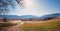 Hiking route along Murnauer Moos moorlands with stunning alps view