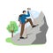 Hiking scene, flat vector illustration. Climber, hiker male character with backpack climbing the rock. Mountain tourism
