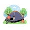 Hiking scene, flat vector illustration. Hiker male character sitting at tent and campfire. Trekking, summer tourism.