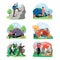 Hiking scene set, flat vector isolated illustration. Trekking, mountain tourism, travel adventure, expedition, camping.